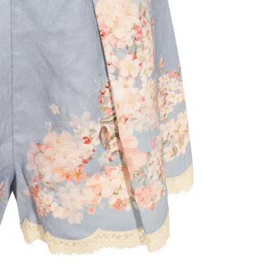 Zimmermann Teal Blue Botanical Floral Linen Cascadian Shorts In Purple