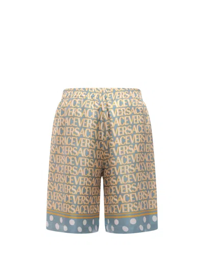Versace Silk Bermuda Shorts With All-over Logo In Neutral