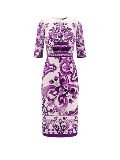 Dolce & Gabbana Maiolica Print Charmeuse Midi Dress In Purple