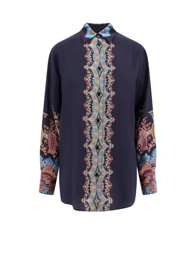 Etro Paisley Print Crepe De Chine Long-sleeved Shirt In Blue