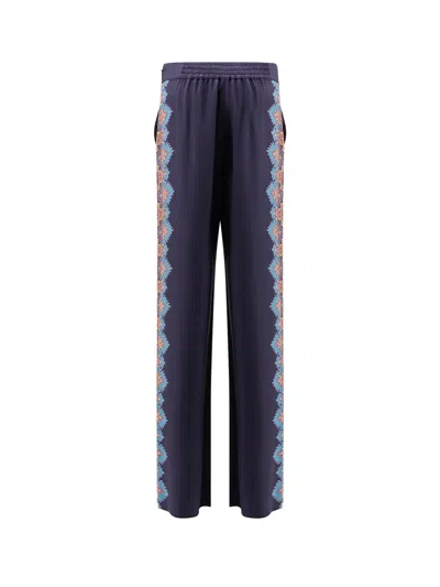 Etro Floral Print Silk Trousers In Blue