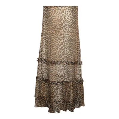 Ganni Animal Print Flared Layered Leopard Skirt In Brown
