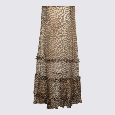 Ganni Animal Print Flared Layered Leopard Skirt In Brown