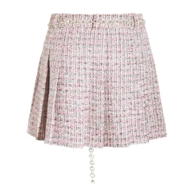 Self-portrait Textured Flared Skirt With Decorative Waist Trim In Pink