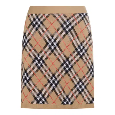 Burberry Beige Checked Miniskirt With Ribbed Finish In Neutral