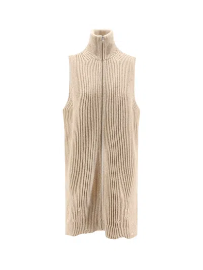 Mm6 Maison Margiela Sleeveless Long Wool Blend Cardigan With Distressed Effect In Neutral