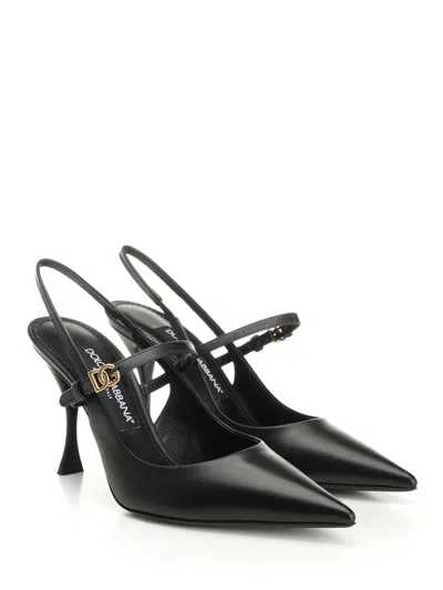 Dolce & Gabbana Pointed Toe Slingbacks With Delicate Ankle Strap In Black