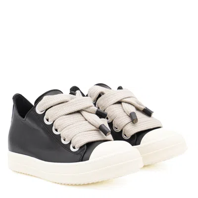 Rick Owens Black Leather Sneakers With Oversized Laces In Black