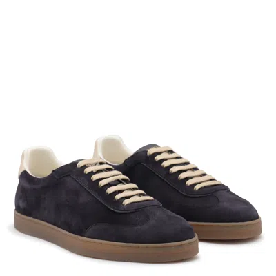 Brunello Cucinelli Navy Leather Sneakers In Brown