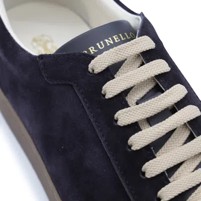 Brunello Cucinelli Navy Leather Sneakers In Brown