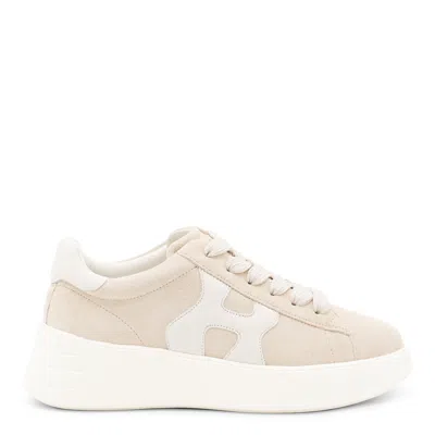 Hogan Round Toe Lace-up Calf Suede Sneakers With Chunky Sole In Neutral