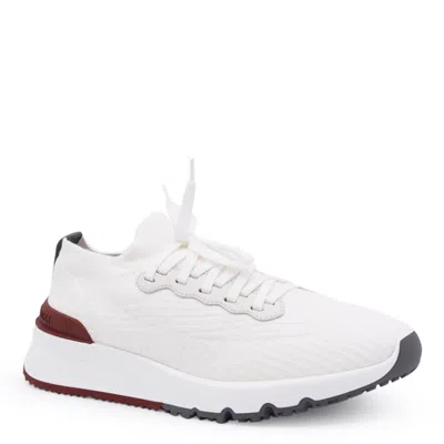 Brunello Cucinelli Cotton Knit And Semi-polished Calfskin Runner Sneakers Shoes In Neutral