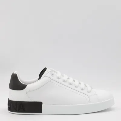 Dolce & Gabbana White And Black Leather Portofino Low Top Sneakers In Multi