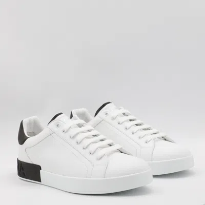 Dolce & Gabbana White And Black Leather Portofino Low Top Sneakers In Multi
