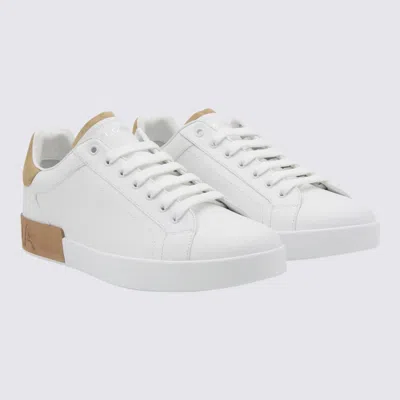 Dolce & Gabbana Portofino Leather Sneakers In White And Tan In White
