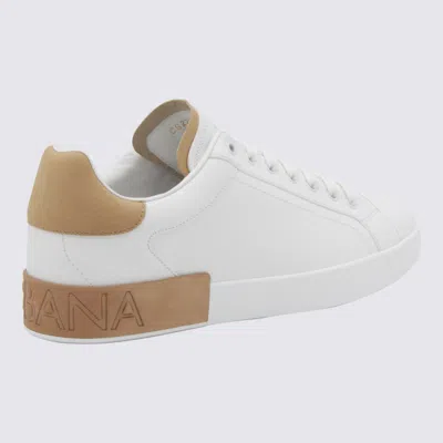 Dolce & Gabbana Portofino Leather Sneakers In White And Tan In White