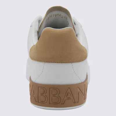 Dolce & Gabbana Portofino Leather Sneakers In White And Tan In White