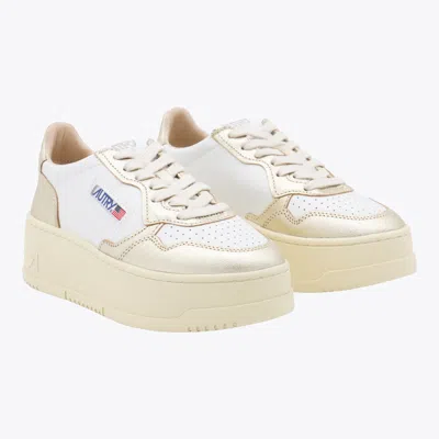 Autry Low Top Leather Sneakers With Metallic Panels In Gold