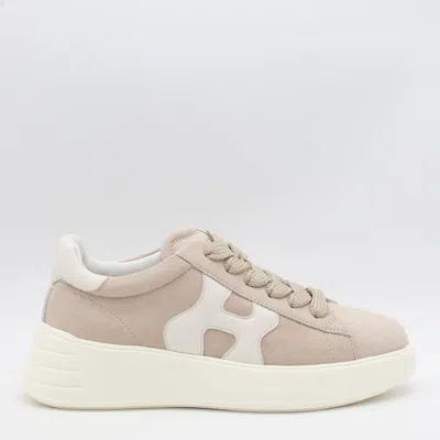 Hogan Round Toe Lace-up Calf Suede Sneakers With Chunky Sole In Neutral