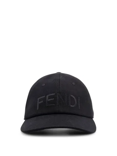 Fendi Men Wool Blend Baseball Hat With Logo Embroidery In Black