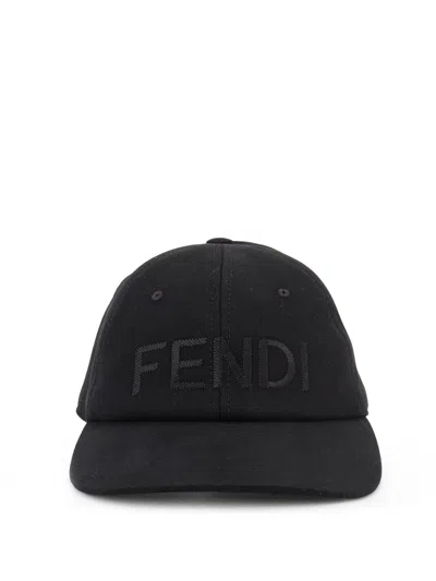 Fendi Men Wool Blend Baseball Hat With Logo Embroidery In Black