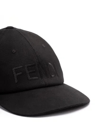 Fendi Men Wool Blend Baseball Hat With Logo Embroidery In Black