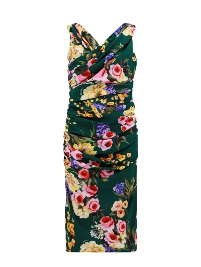 Dolce & Gabbana Stretch Silk Dress With Floral Print In Green