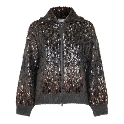 Brunello Cucinelli Mohair-blend Sequin-embellished Cardigan In Gray