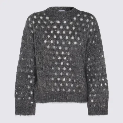 Brunello Cucinelli Open-knit Grey Sweater With Metallic Threads In Black
