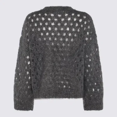 Brunello Cucinelli Open-knit Grey Sweater With Metallic Threads In Black