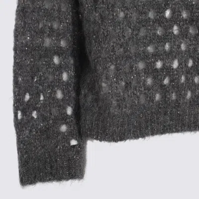 Brunello Cucinelli Open-knit Grey Sweater With Metallic Threads In Black