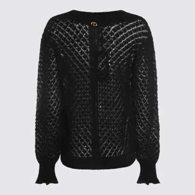 Twinset Open-knit Ruffled-cuff Sweater In Black