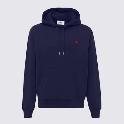 Ami Alexandre Mattiussi Ami Navy Blue Cotton Jersey Hoodie With Signature Monogram In Blue