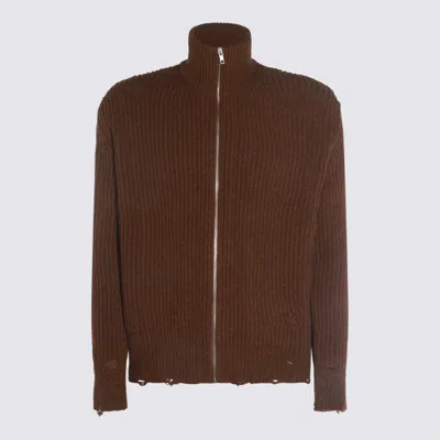 Mm6 Maison Margiela High Neck Ribbed Crewneck Sweater With Distressed Elbow Patches In Brown