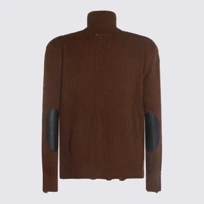 Mm6 Maison Margiela High Neck Ribbed Crewneck Sweater With Distressed Elbow Patches In Brown