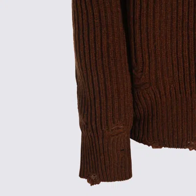 Mm6 Maison Margiela High Neck Ribbed Crewneck Sweater With Distressed Elbow Patches In Brown