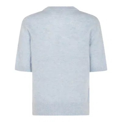 Ganni Light Blue Crewneck T-shirt With Maxi Logo Embroidery On The Front In Blue