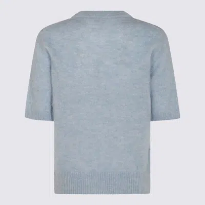 Ganni Light Blue Crewneck T-shirt With Maxi Logo Embroidery On The Front