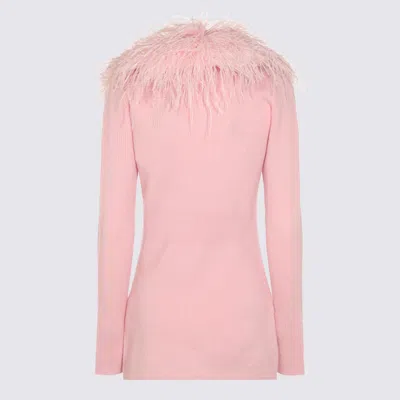 Blumarine Feather Trim Longline Ribbed Knitwear In Pink