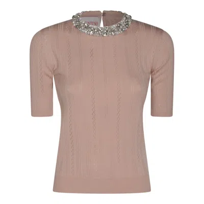 Valentino Crewneck Knitwear Embellished Keyhole Back In Brown