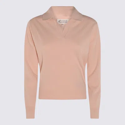 Maison Margiela Light Pink Wool Polo Shirt With Open Collar And Ribbed Edges In Multi