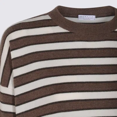 Brunello Cucinelli Crewneck Striped Knitwear Ribbed Cuffs In Brown