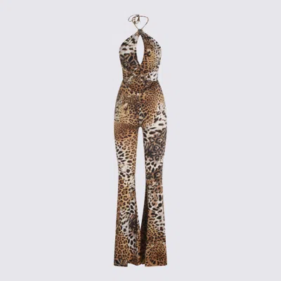 Roberto Cavalli Printed Lycra Halterneck Flared Jumpsuit In Brown