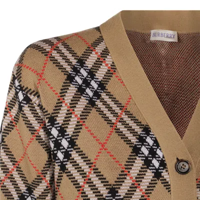 Burberry Check V-neck Cardigan In Wool And Mohair Blend In Neutral