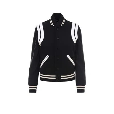 Saint Laurent Teddy Wool Jacket With Leather Profiles In Black