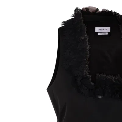 Alexander Mcqueen Lace Trimmed Satin Top With Adjustable Straps In Black
