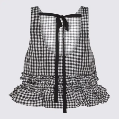 Ganni Crinkled Check Frill Top In Black In Black