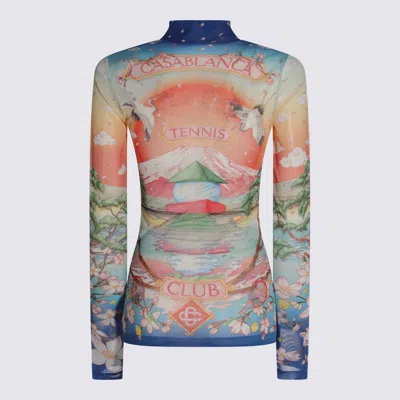 Casablanca High Neck Tulle Top With Multicolor Landscape Print In Multi