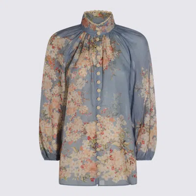 Zimmermann Cascadian Lace-trimmed Floral-print Ramie Blouse In Blue