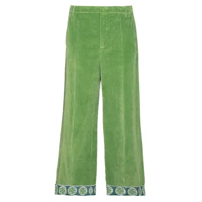 Valentino Garavani Velvet Trousers With Jacquard Hem In Green